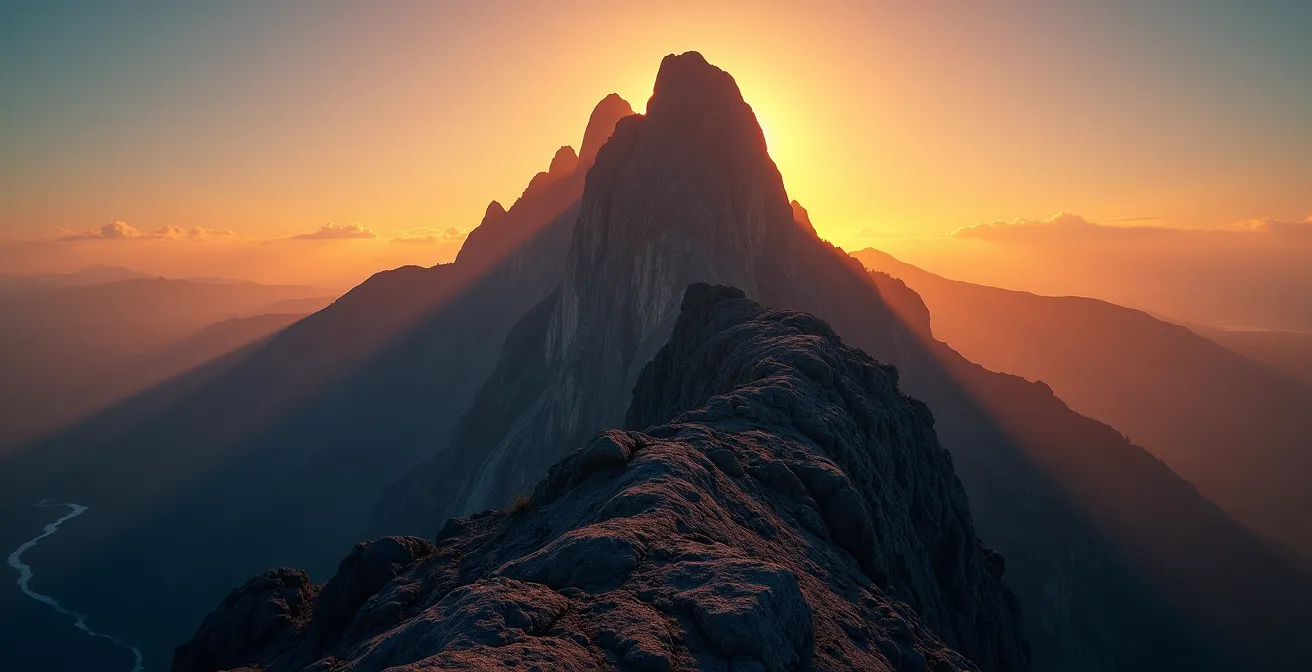 Piton rocheux emblématique de Mafate baigné dans la lumière dorée du lever de soleil, symbolisant la résistance des esclaves marrons