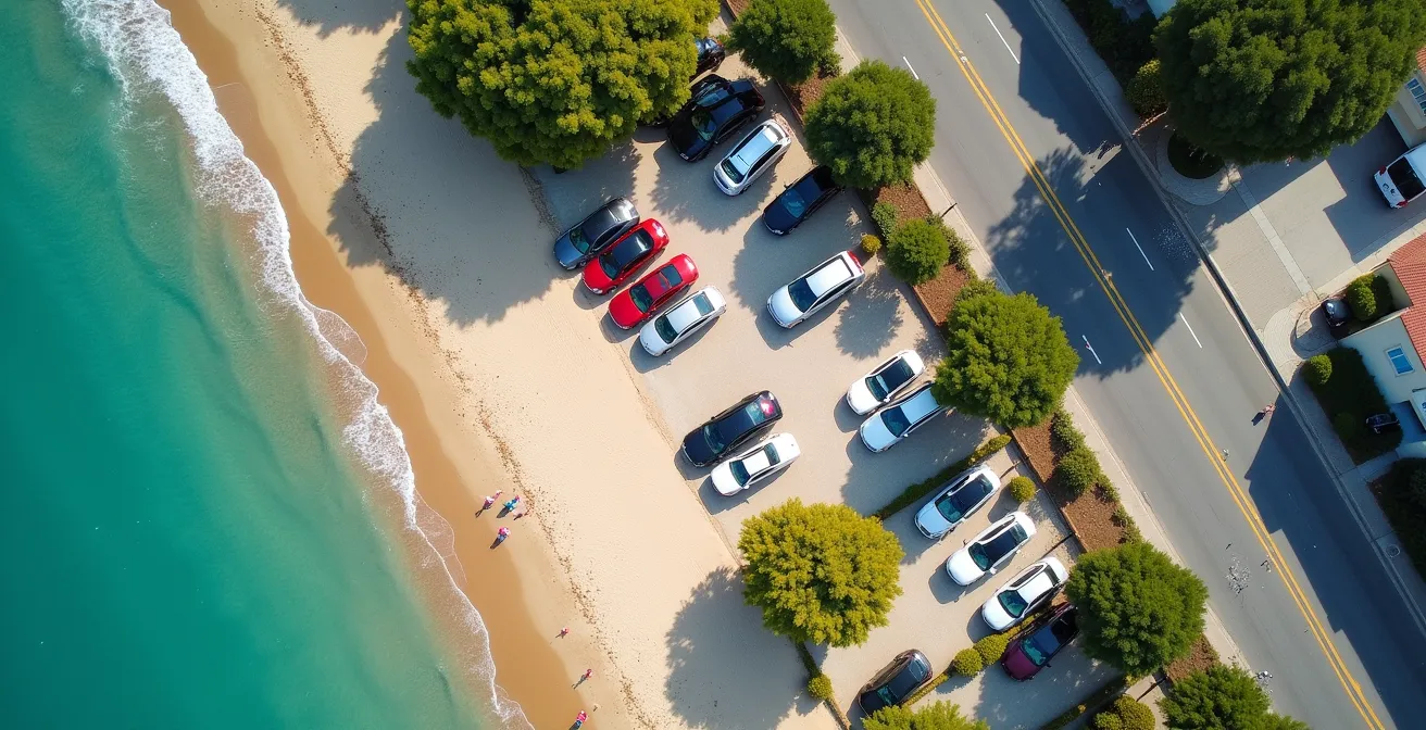 Vue aérienne du parking de l'Ermitage montrant les zones de stationnement et les accès plage