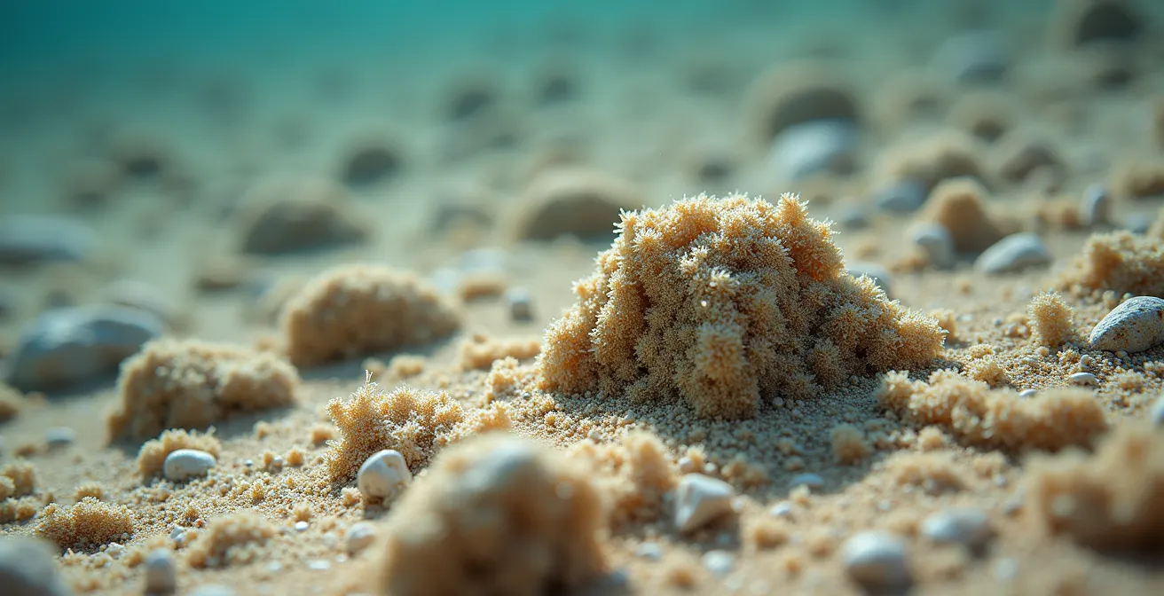 Gros plan macro sur un poisson-pierre parfaitement camouflé entre sable et débris coralliens