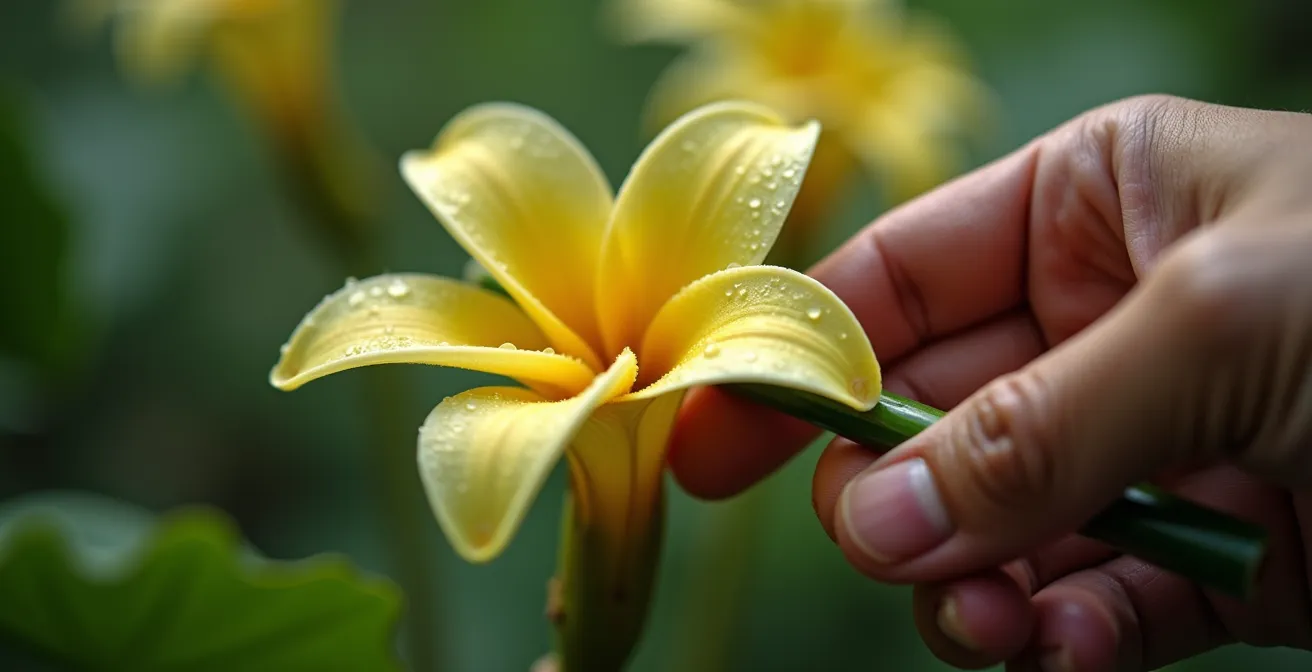Mains expertes effectuant la pollinisation manuelle d'une fleur de vanille avec une épine