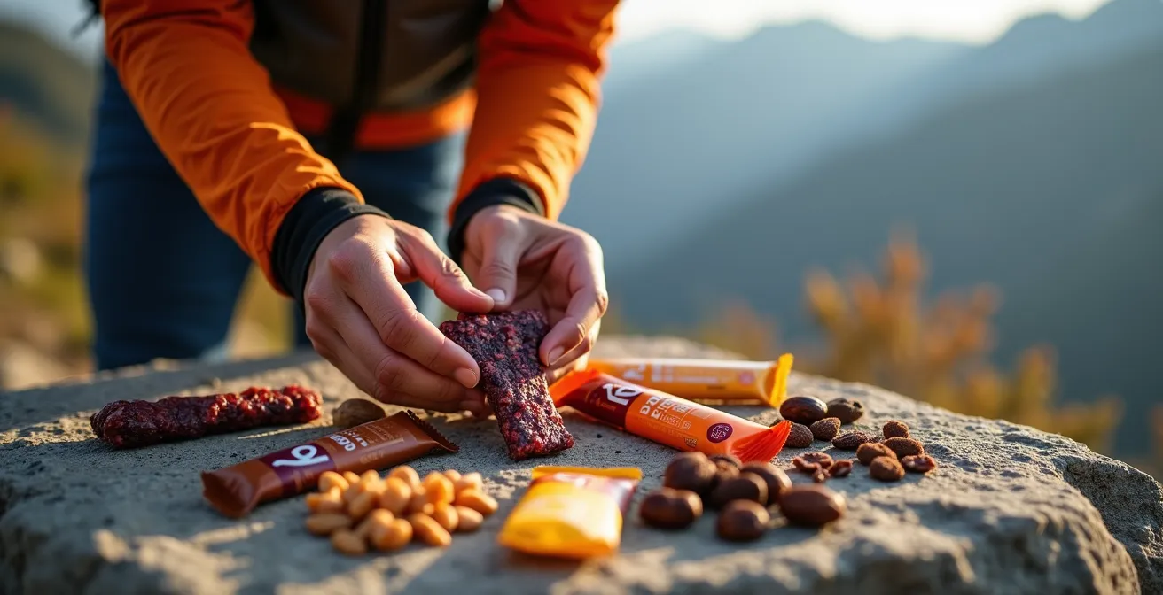 Randonneur testant différents aliments énergétiques lors d'une sortie d'entraînement en montagne