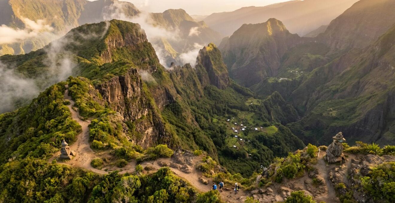 Vue panoramique du cirque de Mafate avec ses sentiers de montagne et ses îlets isolés sous un ciel nuageux