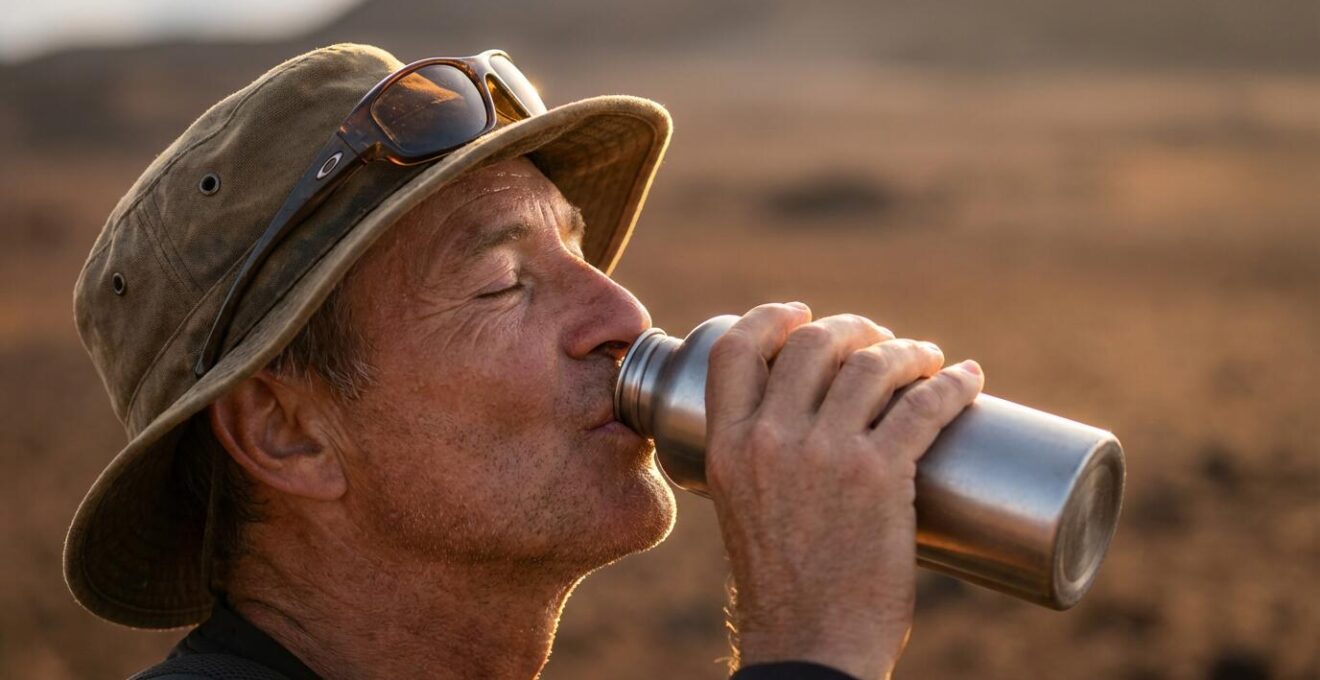 Randonneur buvant de l'eau dans le paysage lunaire de la Plaine des Sables