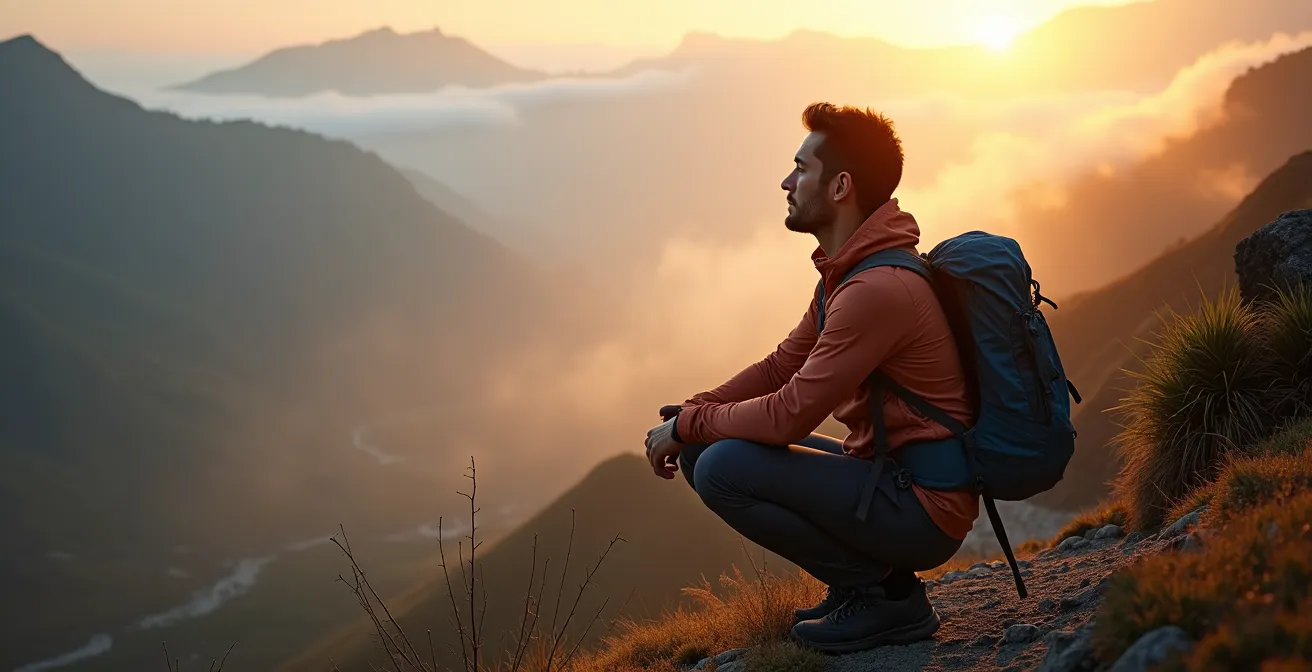 Randonneur prenant une pause pour réguler sa respiration sur un sentier de montagne volcanique