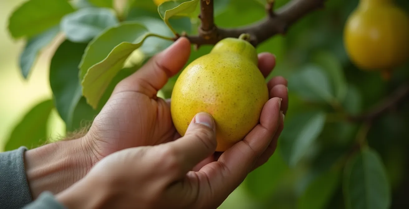 Gros plan sur des mains récoltant délicatement des goyaves mûres sur un arbre