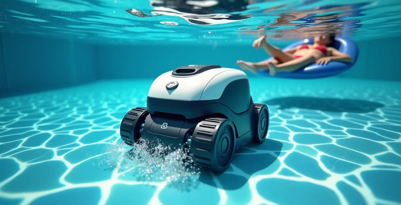 Robot de piscine automatique en action au fond d'un bassin avec eau parfaitement transparente