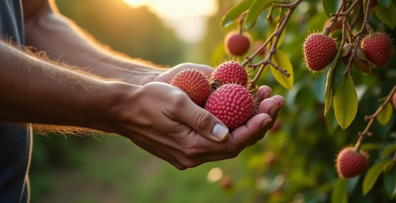 Verger de letchis en période de récolte dans l'Est de La Réunion