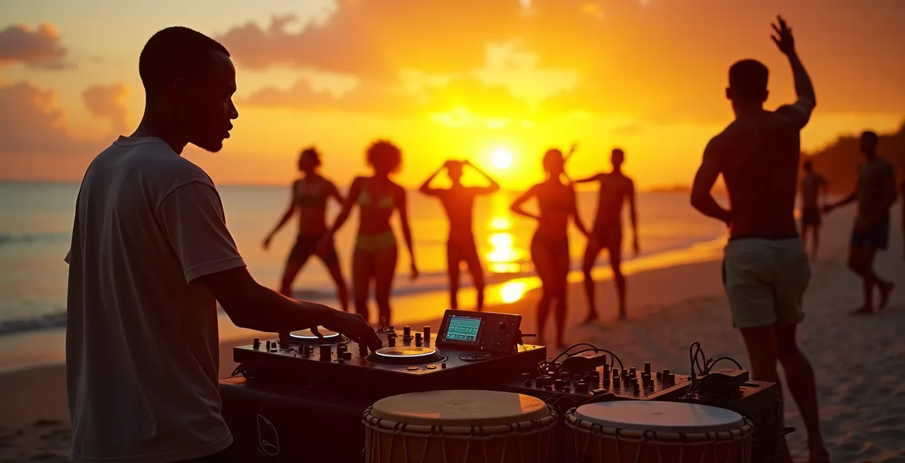 Jeune DJ réunionnais mixant du Maloya électrique sur une plage de Saint-Leu au coucher du soleil avec des danseurs en silhouette