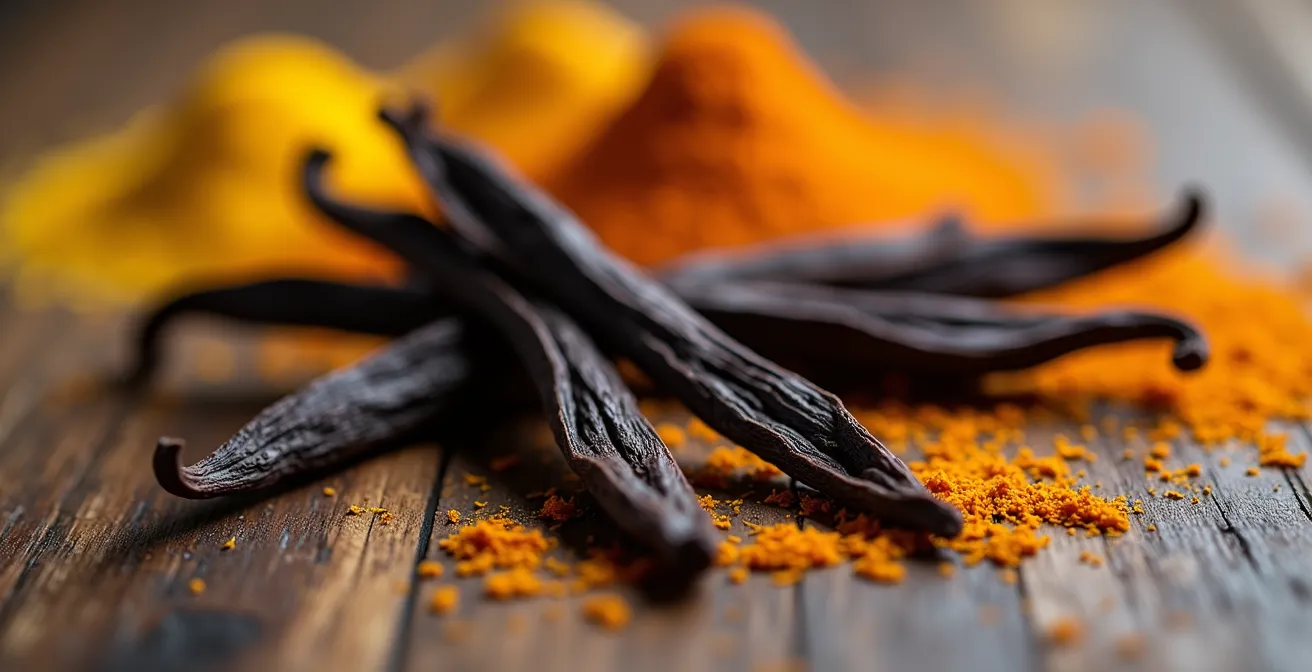 Gros plan sur des gousses de vanille et épices locales arrangées artistiquement sur une surface en bois naturel