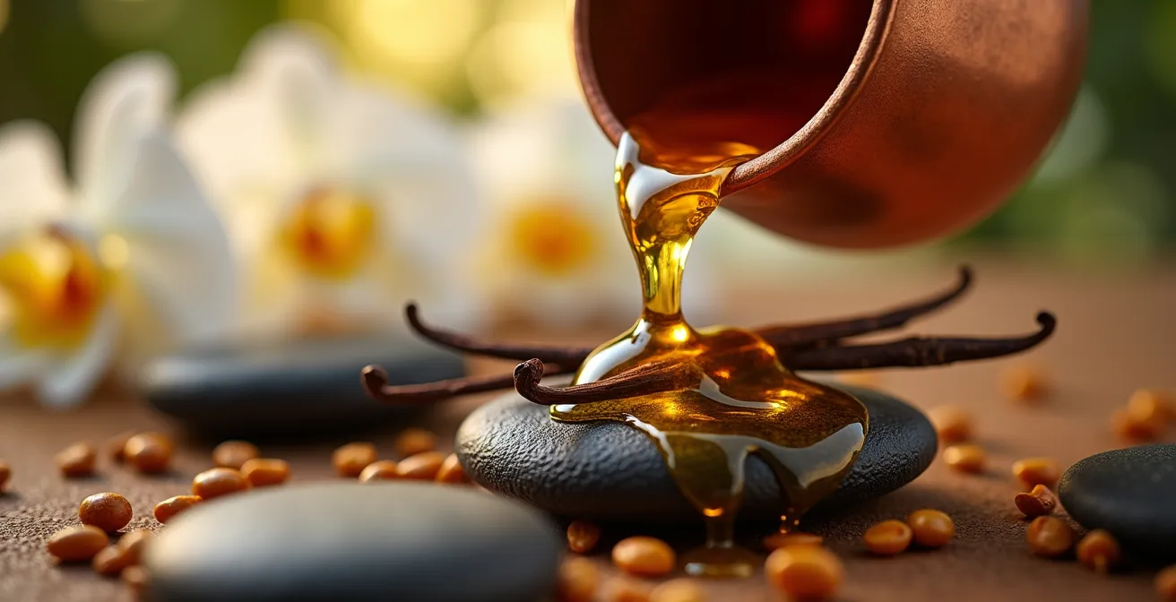 Thérapeute préparant un soin signature avec huiles essentielles de vanille Bourbon dans un spa 5 étoiles