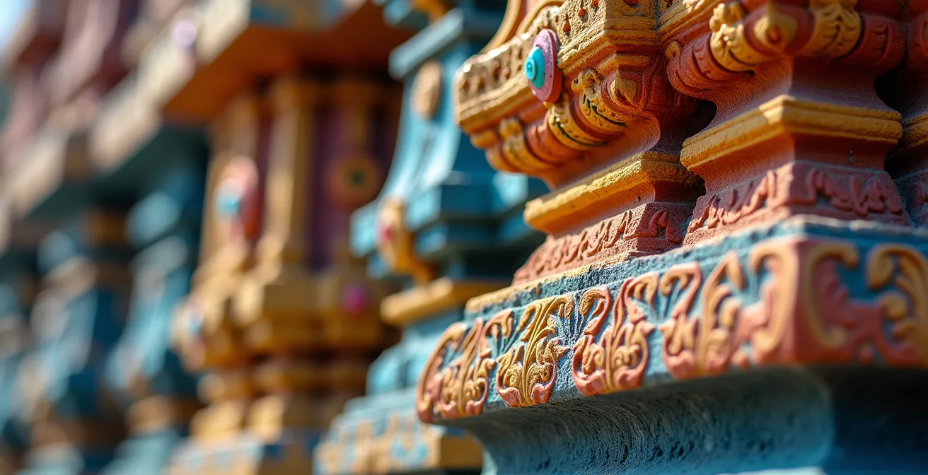 Vue grand angle du temple du Colosse à Saint-André avec son architecture colorée et ses sculptures ornementales
