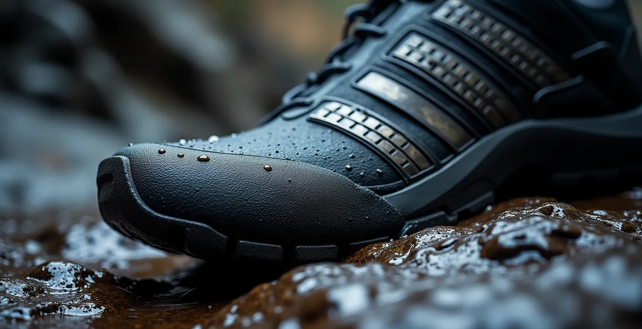 Test d'adhérence de chaussures de canyoning sur roche volcanique mouillée