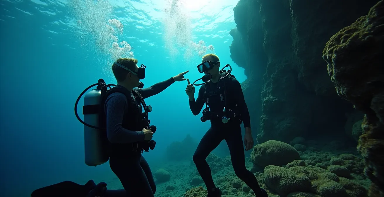 Vue sous-marine d'un tombant volcanique avec plongeurs en exploration