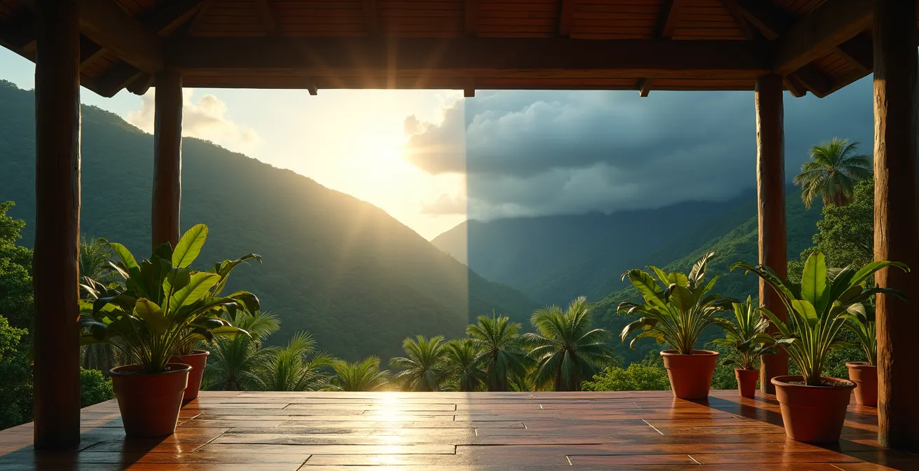 Vue depuis une varangue créole montrant deux microclimats différents à la Réunion