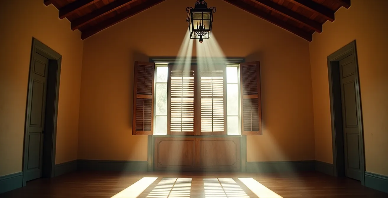 Intérieur d'une case créole montrant la circulation naturelle de l'air par les jalousies et impostes