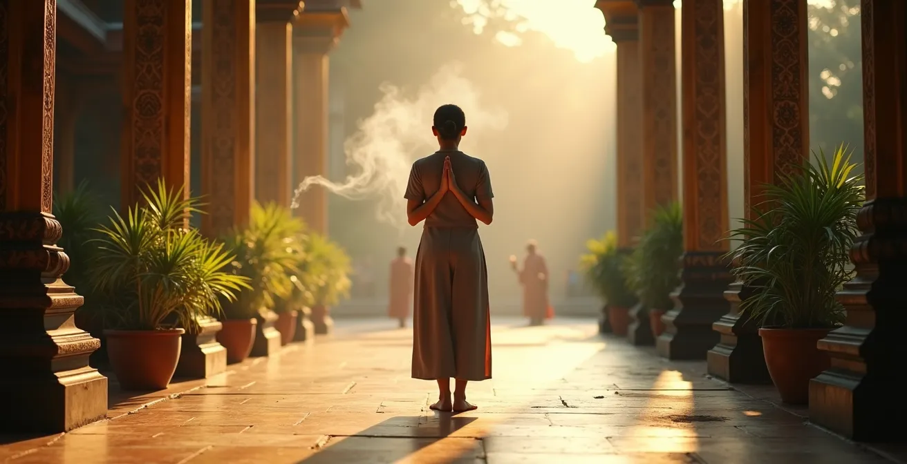 Visiteur en contemplation respectueuse dans la cour d'un temple hindou de la Réunion