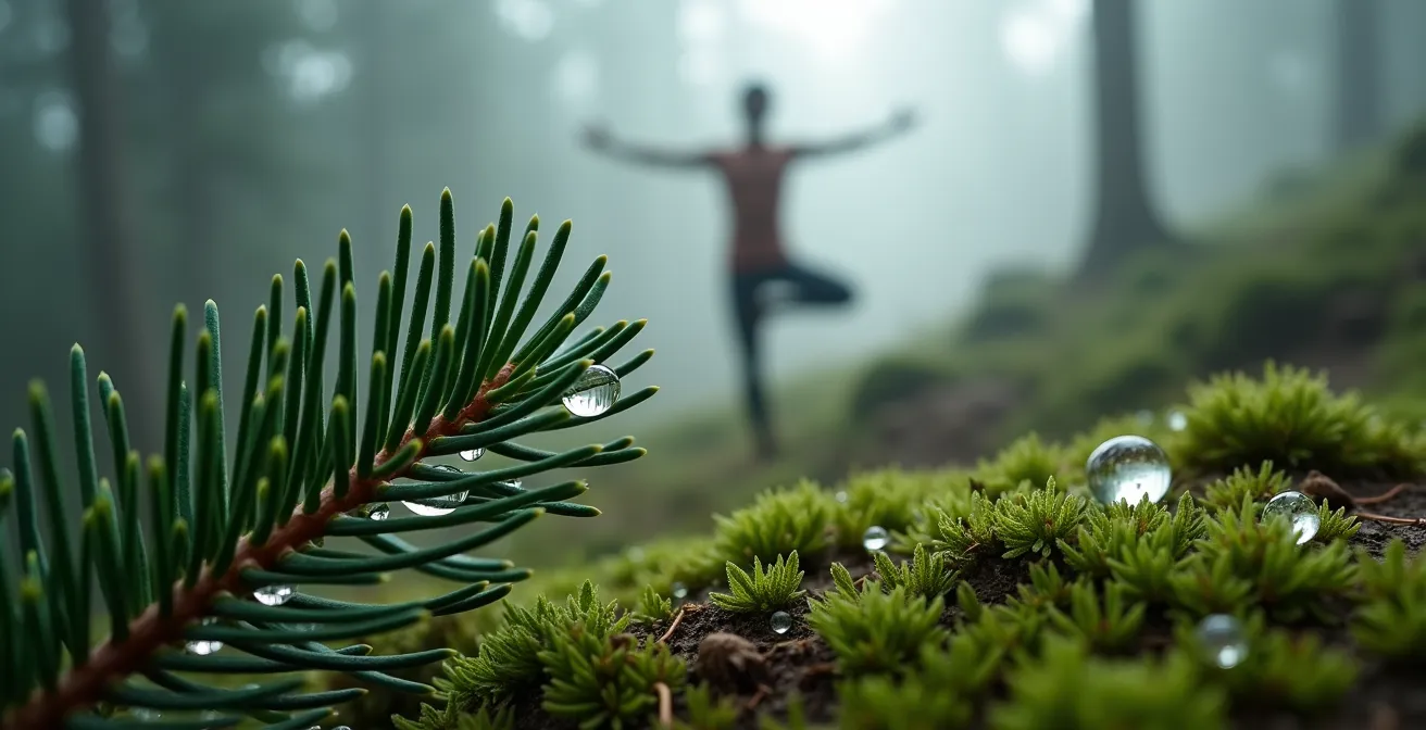 Séance de yoga au lever du soleil dans la forêt brumeuse des Makes